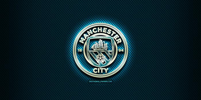 2560x1600 Download wallpapers Manchester City FC, glass logo, blue rhombic