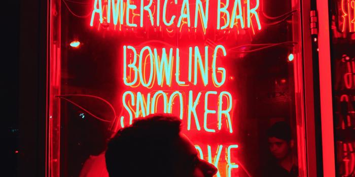 2611x3916 Silhouette Of Man In Front Of Red And Blue Led Light Signage - Free