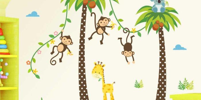 1001x1001 Cute Cartoon Wallpaper Murals Forest Animals Giraffe Lion Monkey Palm Tree  Wall Stickers for Kids Nursery Bedroom Decor
