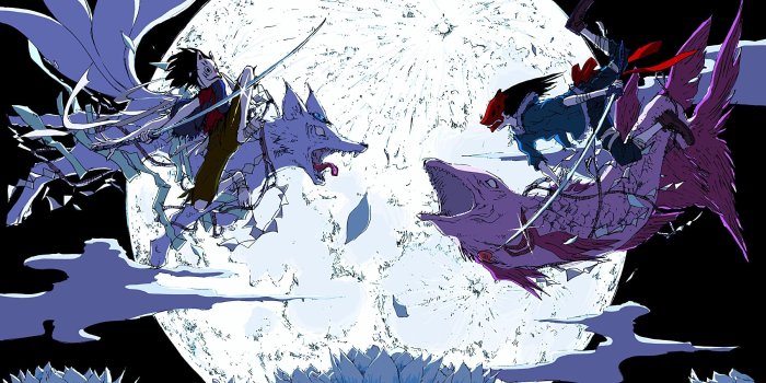 2400x1350 Wolf and fish anime wall paper, anime, anime boys, Moon, mask HD