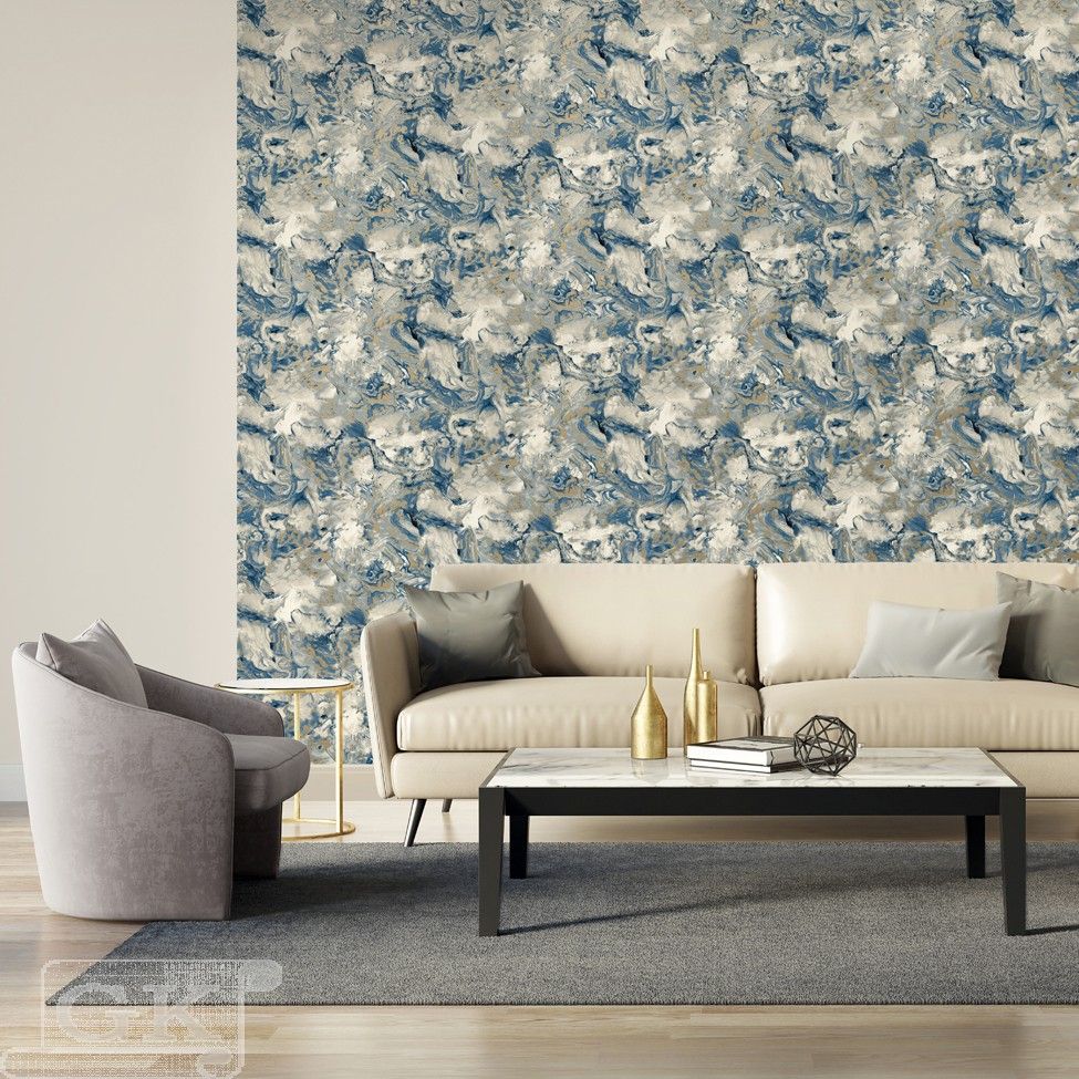 975x975 Dramatic marble effect, non-woven vinyl in blue with gold metallic