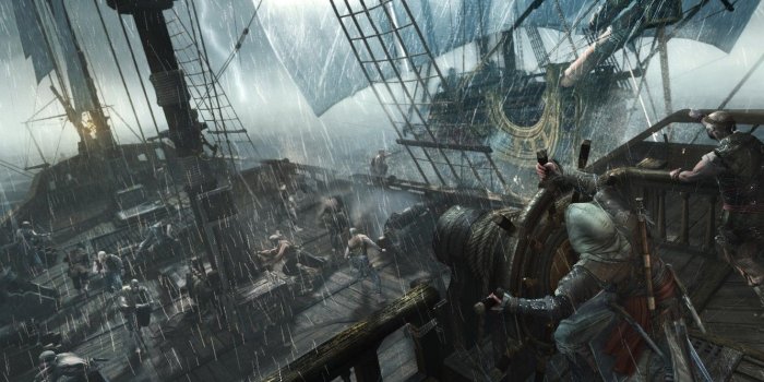 1332x850 Wallpaper storm, rain, ship, pirates, killer, assassin, Edward