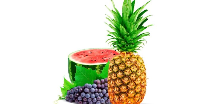 1332x850 Wallpaper leaves, watermelon, grapes, white background, fruit