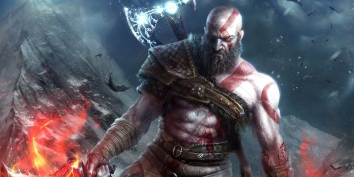 1332x850 Wallpaper look, weapons, bird, the game, art, beard, axe, Kratos