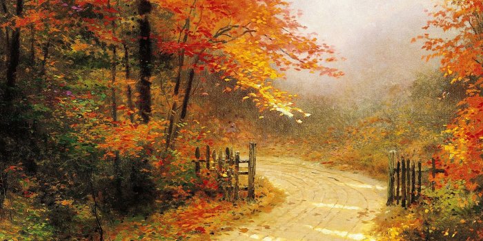 3360x1260 Autumn Lane By Thomas Kinkade ❤ 4K HD Desktop Wallpaper for 4K