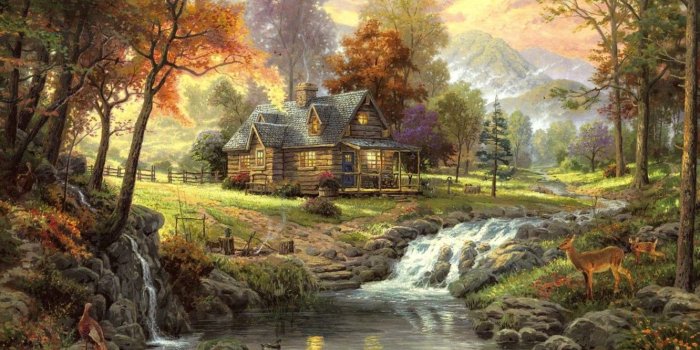 1332x850 Wallpaper autumn, stream, Landscape, Thomas Kinkade, the cabin in