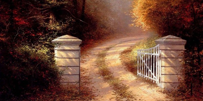 1279x1024 Wallpaper Thomas Kinkade the autumn gate Pictorial art