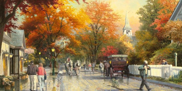 1332x850 Wallpaper autumn, street, horses, dog, village, lights, puddles