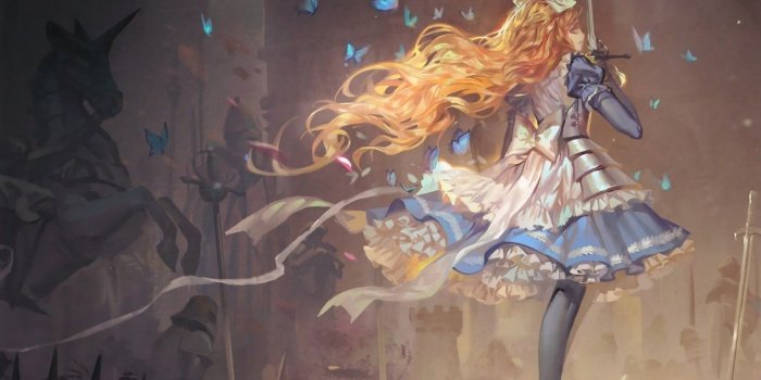 1332x850 Wallpaper butterfly, armor, redhead, long hair, battlefield, chess