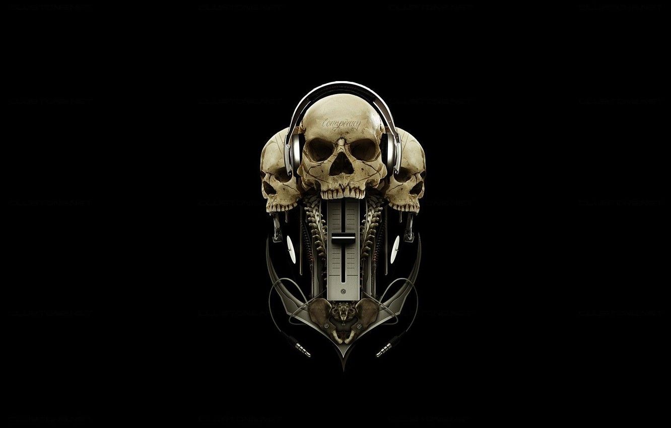 1332x850 Wallpaper headphones, skull, black background images for desktop