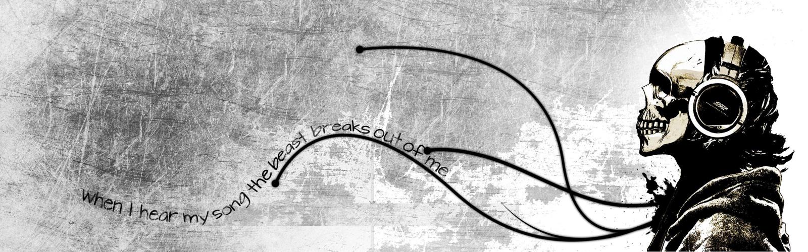 3360x1050 headphones, skulls, music, dual screen :: Wallpapers