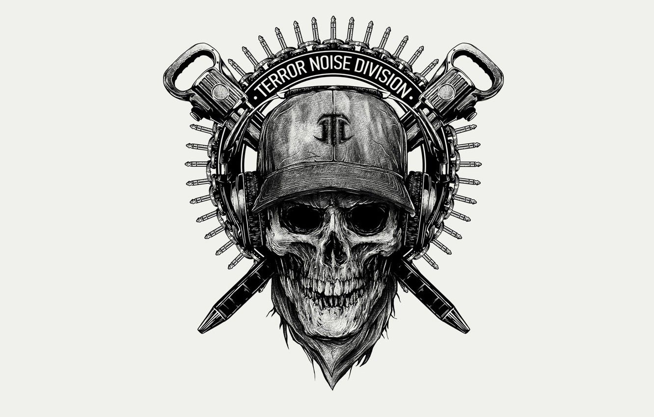 1332x850 Wallpaper figure, skull, headphones, chain, cap, print, terror noise