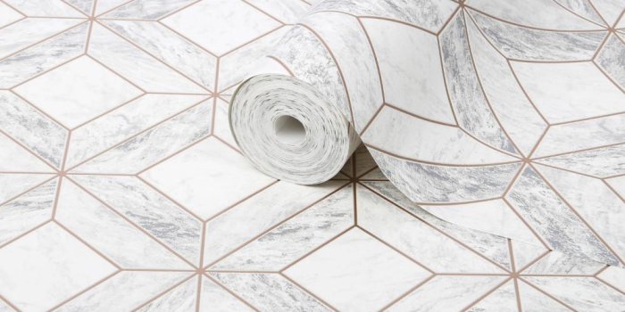 1000x1000 Marble Marquetry Wallpaper in White and Rose Gold from the Strata