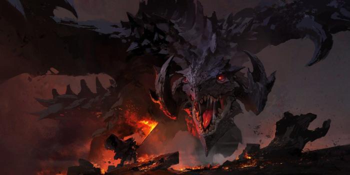 1332x850 Wallpaper dark, fire, sword, fantasy, Dragon, horns, weapon, wings
