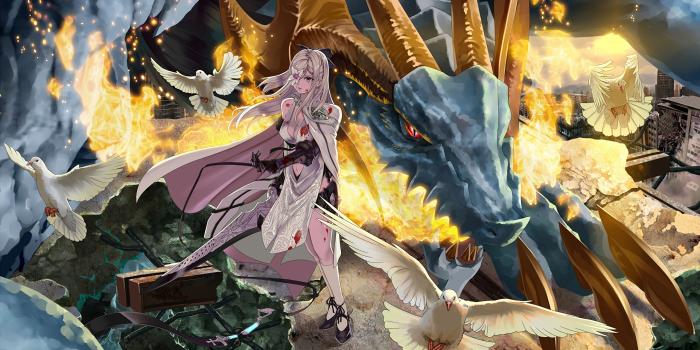 2560x1440 Desktop Wallpapers bird dragon Swords Pigeons Warriors 2560x1440