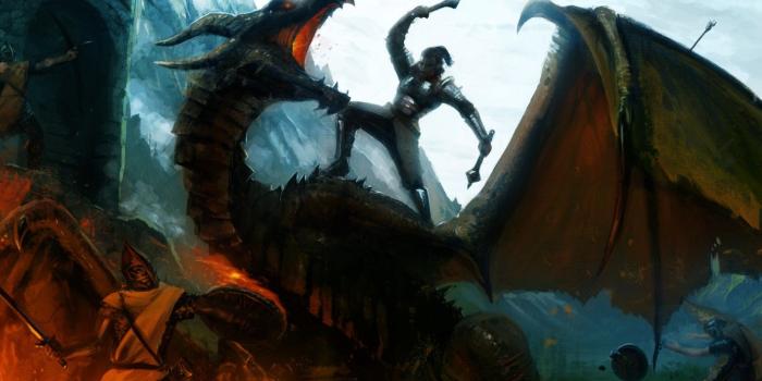 1332x850 Wallpaper mountains, weapons, fire, dragon, sword, warrior, art