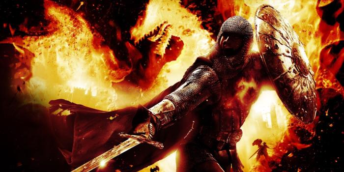 2560x1440 Download wallpaper 2560x1440 dragons dogma, sword, shield, fire