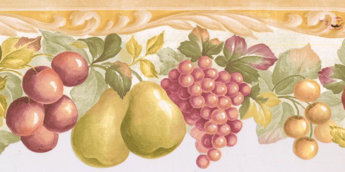 3856x1524 Prepasted Wallpaper Border - Red Apple Purple Plum Green Pear Pink Grapes  Scalloped Kitchen Wall Border Retro Design, Roll 15 ft. x 7 in.
