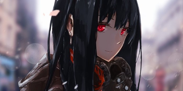 1920x1200 anime, Headphones, Red Eyes, Black Hair, Anime Girls, Happy, THE