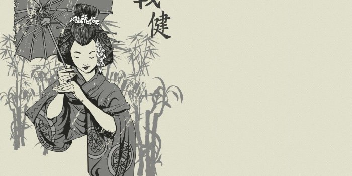 1332x850 Wallpaper Japanese, figure, umbrella, characters, black and white