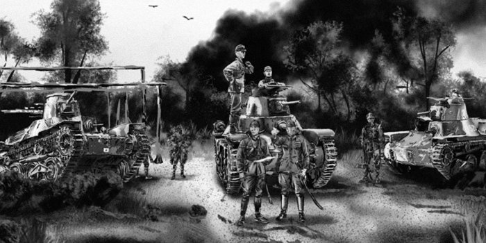 1280x624 Desktop Wallpapers tank soldier Japanese Black and white Painting