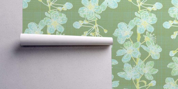 1024x1024 Cherry Blossom Wallpaper Roll - Green Light Blue Yellow Floral