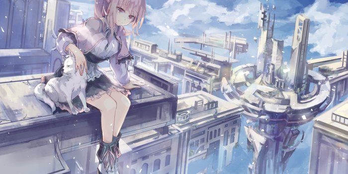 2048x1448 Download 2048x1448 Floating City, Fantasy World, Anime Girl, Pink