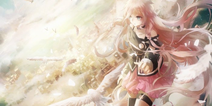 1765x1180 IA Vocaloid, sky, birds, anime girls, city, floating - wallpaper