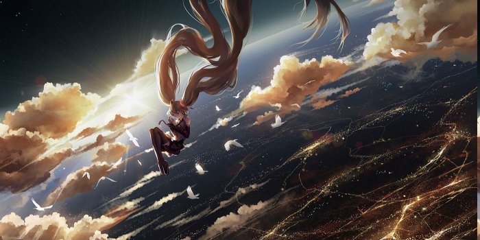 1400x879 Vocaloid Space Clouds Birds Floating Anime Girls Anime - Anime Space