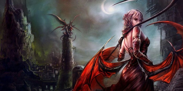 1332x850 Photo Wallpaper Dark, Demon, Girl, Moon, Fantasy, Tower, - Female