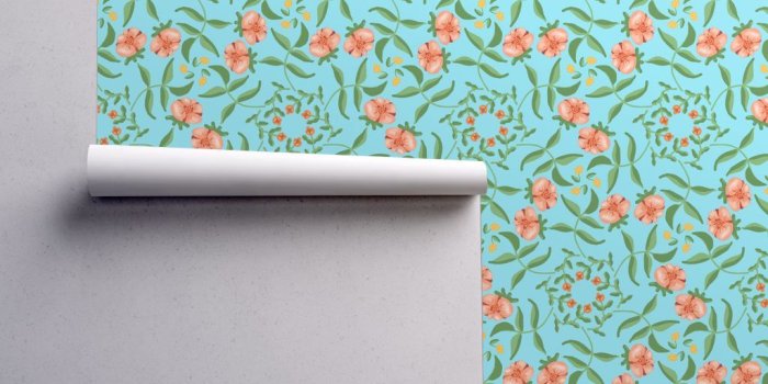 1024x1024 Victorian Garden Coral Flowers on Sky Blue wallpaper