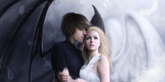 1793x1144 fantasy, girl, angel, love, demon, anime, lean, anime, lean, couple