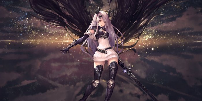 2000x1437 Wallpaper Anime Girl, Demon, Black Sword, Horns, Gloves, White Hair