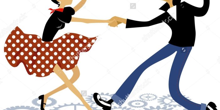 1500x1209 Cartoon couple dressed in rockabilly style fashion, dancing rock and