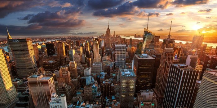 1366x768 Download 1366x768 New York, Cityscape, Sunset, Skyscrapers, Modern