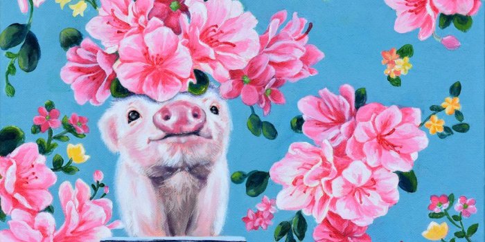 1024x800 BABY PIG CAMOUFLAGED BY FLORAL WALLPAPER by artist Lydia Moon Hee Kim