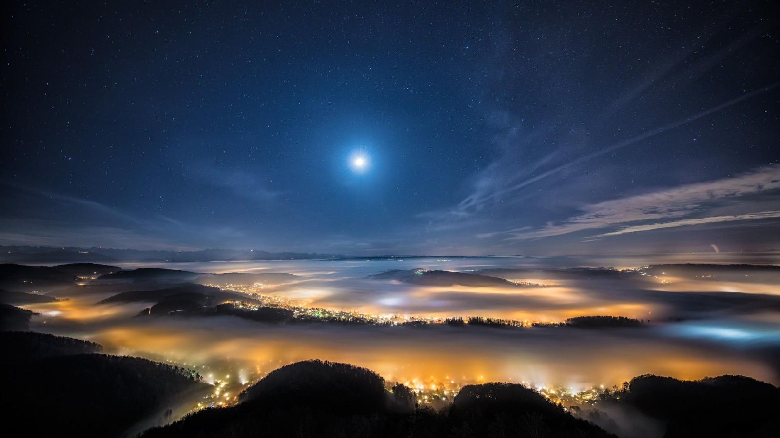 1920x1080 Wallpaper night sky, night city, earth, sky, stars, clouds, light