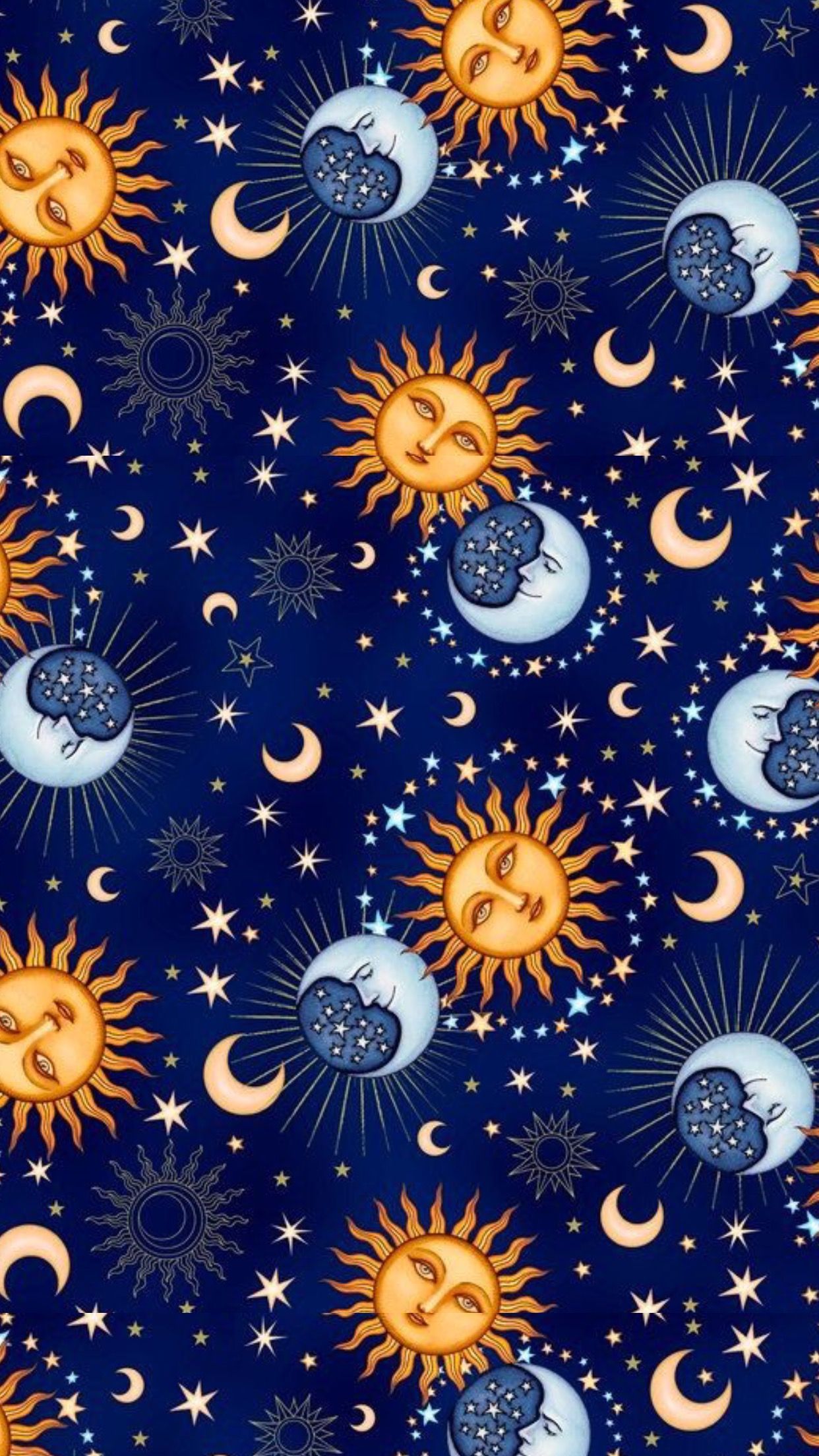1242x2208 Pretty sun and moon patterns with dark blue background. • iPhone