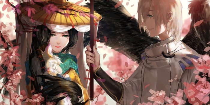 2560x1440 Anime Married Couple, Baby, Animal Ears, Blossom, Painting