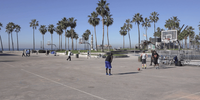 1920x1080 Game of street basketball at court in Venice Beach California 4k