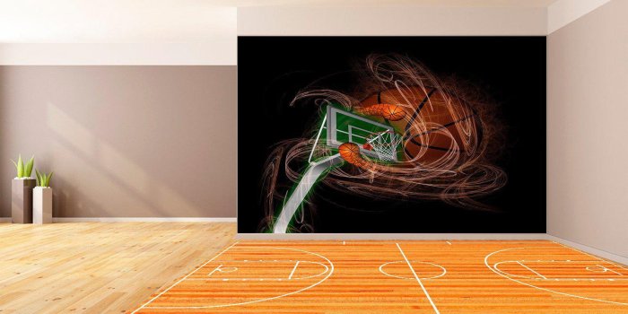 1600x861 Man Cave - Garage Combo Basketball Goal Wallpaper and Court Floor Graphics