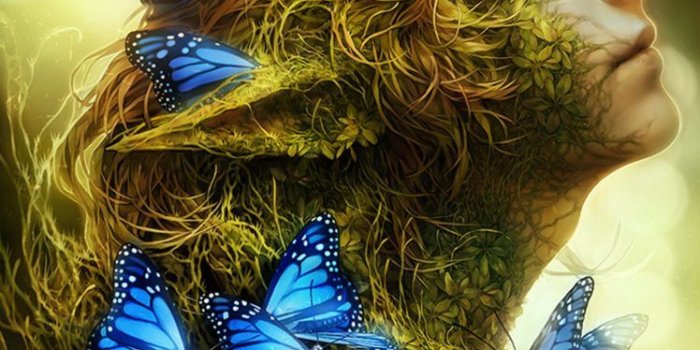 748x1058 fantasy, Butterfly, Blue, Elf, Fairy, Brown, Hair, Blue, Eyes