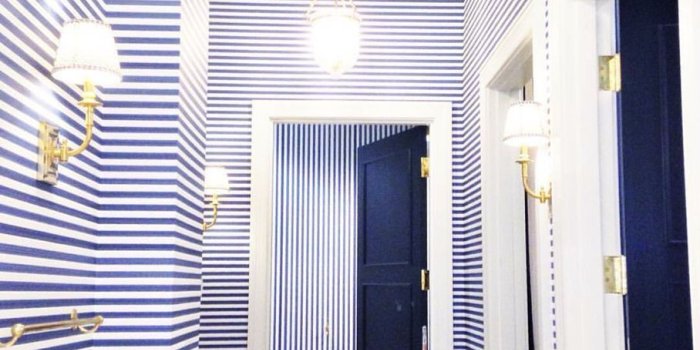 908x1136 Extraordinary hallway with ink/navy horizontal striped wallpaper and