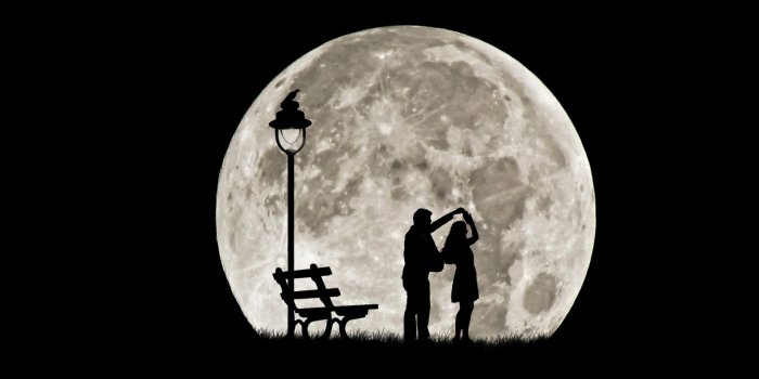 1920x1080 bench, dancing, lantern, romance, Moon, night, love :: Wallpapers
