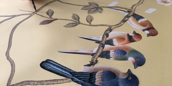1969x1476 Birds and Vines: Chinoiserie Handpainted Wallpaper with Partial Hand  Embroidery on Yellow Silk custom size available