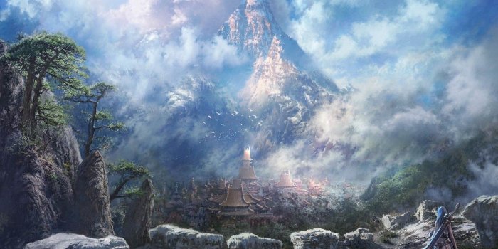 1332x850 Wallpaper girl, the city, rocks, mountain, sword, blade and soul