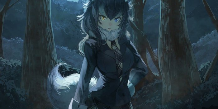 1332x850 Wallpaper forest, girl, trees, night, ears, anime, art, ponytail