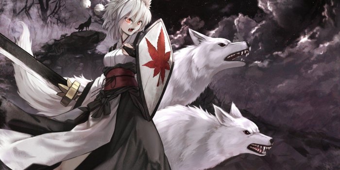 1600x1000 anime, Inubashiri Momiji, Anime girls, Animal ears, Wolf, Sword