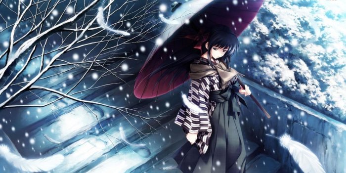 1920x1080 Snow tree kimono girl alone sad anime blue wallpaper