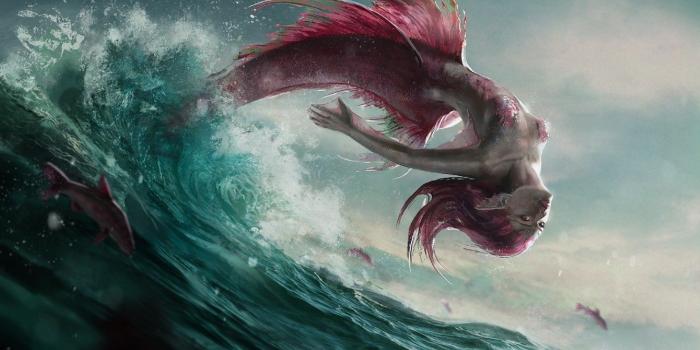 1332x850 Wallpaper wave, fish, squirt, jump, mermaid, scales, tail
